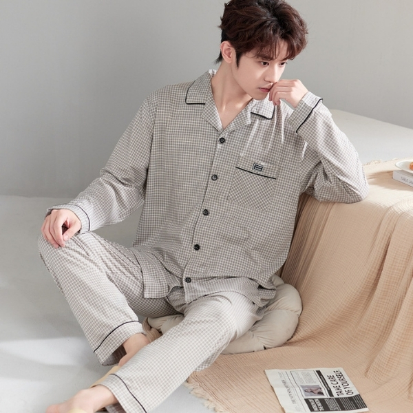 Bộ pijama nam dài tay kẻ caro màu ghi chất vải mềm mại mặc ở nhà
