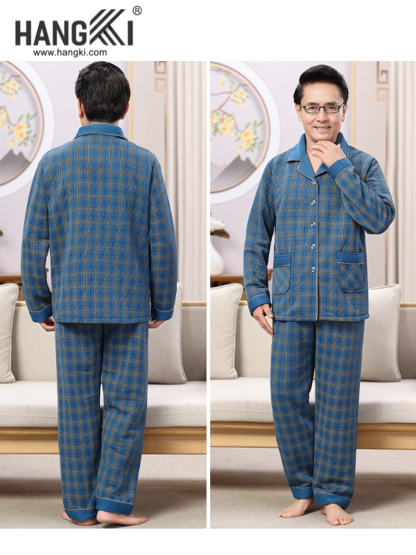 Bộ đồ ngủ nam HANGKI màu xanh họa tiết caro dài tay quần dài chất vải ấm áp