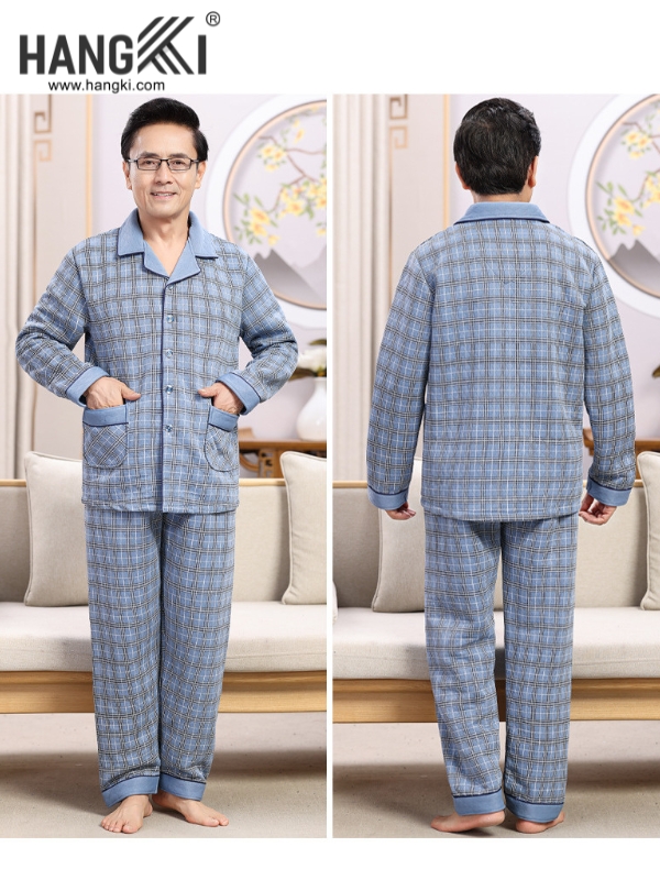 Bộ đồ ngủ nam trung niên HANGKI màu xanh caro dài tay quần dài chất liệu ấm áp