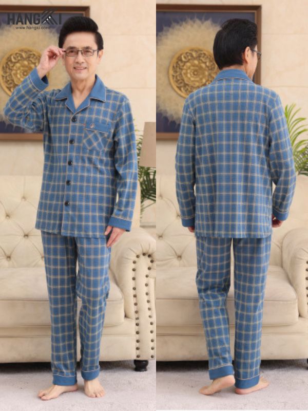 Bộ đồ ngủ nam trung niên kẻ caro xanh dài tay quần dài chất vải mềm mại