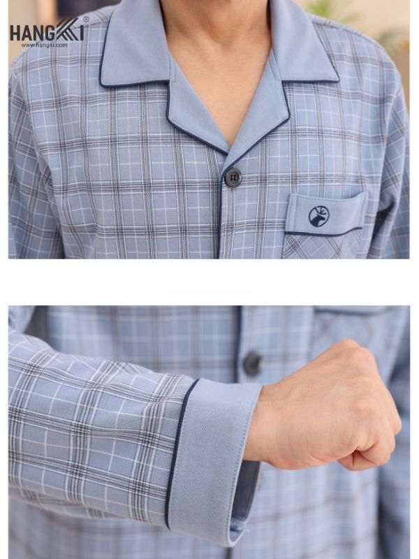 Bộ pijama nam kẻ caro xanh tay dài cổ bẻ chất vải mềm mại thương hiệu Hangxi