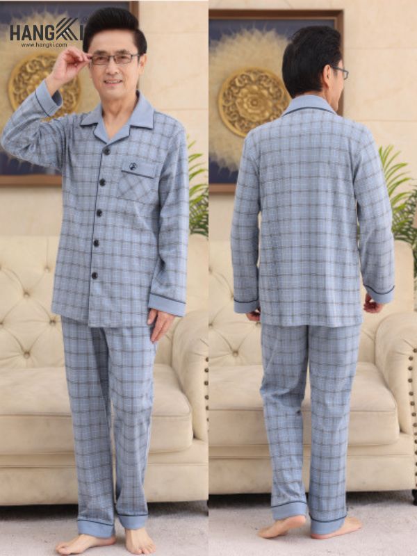 Bộ đồ ngủ nam trung niên màu xanh kẻ caro dài tay quần dài chất vải mềm mại
