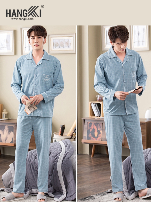 Bộ pijama nam dài tay màu xanh nhạt kẻ caro thương hiệu Hangki chất vải mềm mại