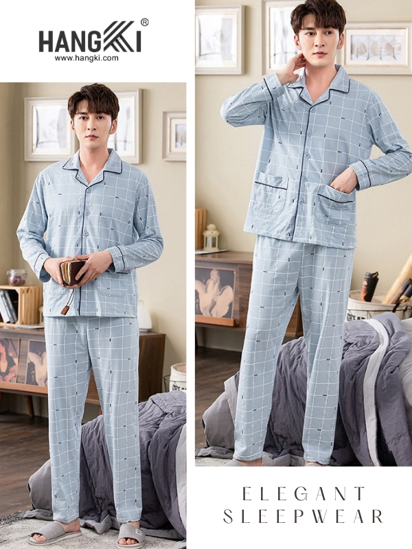 Bộ pijama nam HANGKI màu xanh nhạt kẻ ô dài tay quần dài chất liệu mềm mại mặc nhà