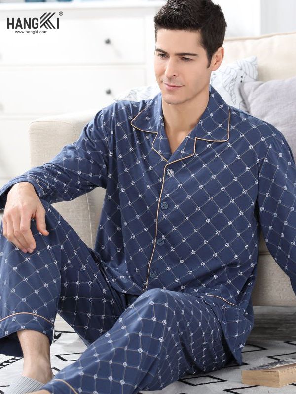 Bộ pijama nam dài tay màu xanh navy họa tiết caro nhỏ thương hiệu Hangki
