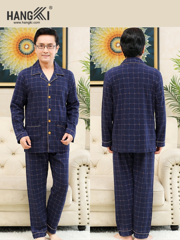 Bộ đồ ngủ nam dài tay kẻ caro xanh navy thương hiệu HANGKI nhìn từ trước và sau