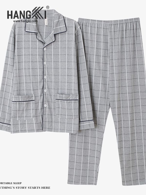 Bộ pijama dài tay HANGKI màu xám kẻ sọc caro cho nam với áo cài khuy và quần dài ống suông