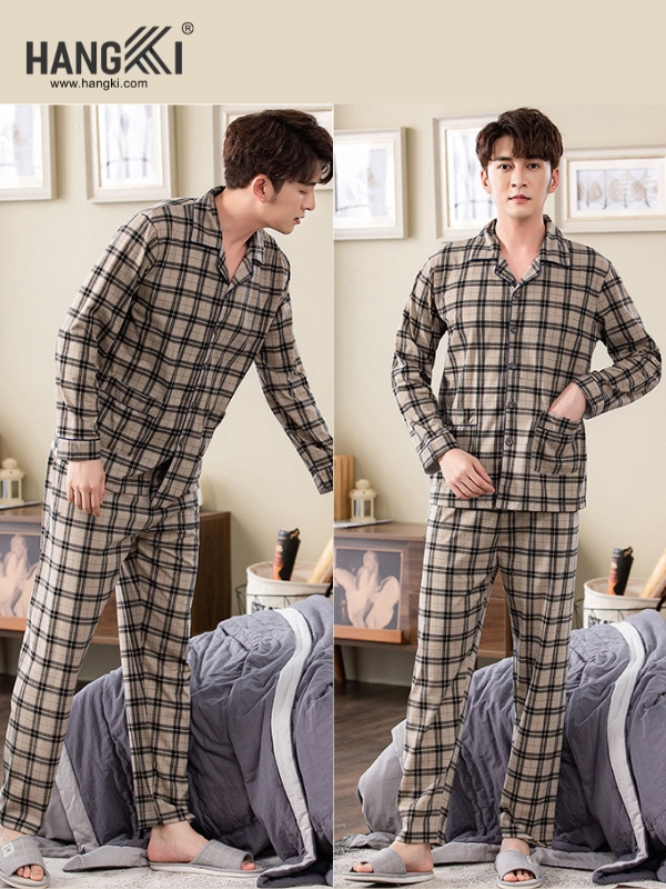 Bộ pijama nam kẻ caro dài tay quần dài màu be xám thương hiệu Hangki