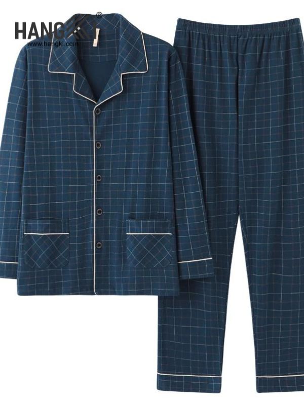 Bộ pijama dài tay kẻ caro xanh đậm cho nam với áo cài khuy và quần ống dài