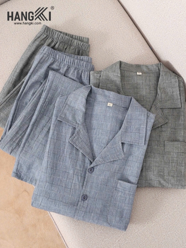 Bộ đồ ngủ lụa cotton HANGKI màu xám xanh cho nam nữ kiểu dáng đơn giản, thoải mái