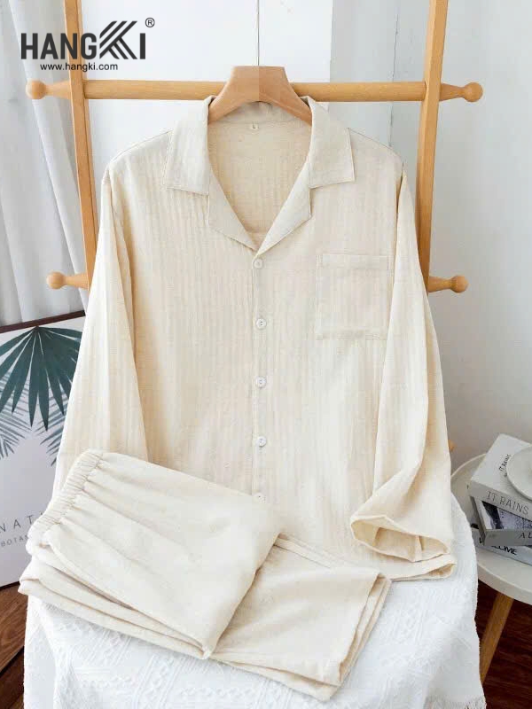 Bộ pijama lụa màu kem dài tay HANGKI cho nữ, thiết kế cổ bẻ và quần dài ống suông