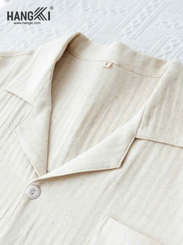 Áo sơ mi vải thô màu be cổ bẻ tay ngắn thương hiệu Hangki size L