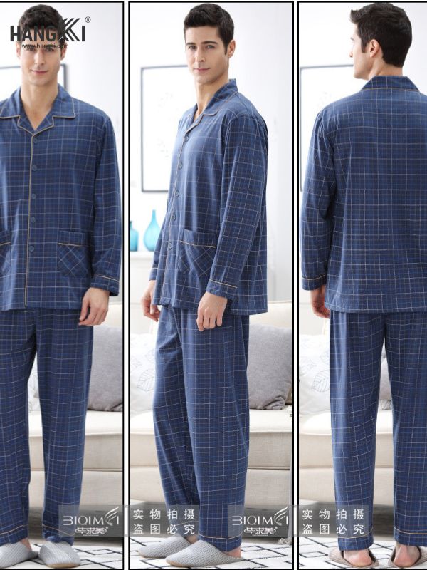 Bộ đồ ngủ nam HANGKI kẻ caro xanh dài tay quần dài chất vải mềm mại thoải mái