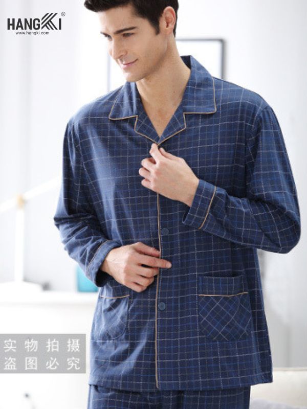 Bộ pijama nam kẻ caro xanh dài tay chất liệu mềm mại thương hiệu Hangki