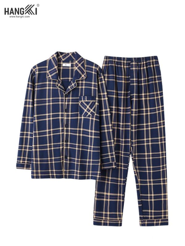 Bộ pijama dài tay kẻ caro xanh navy vàng cho nam thương hiệu Hangki