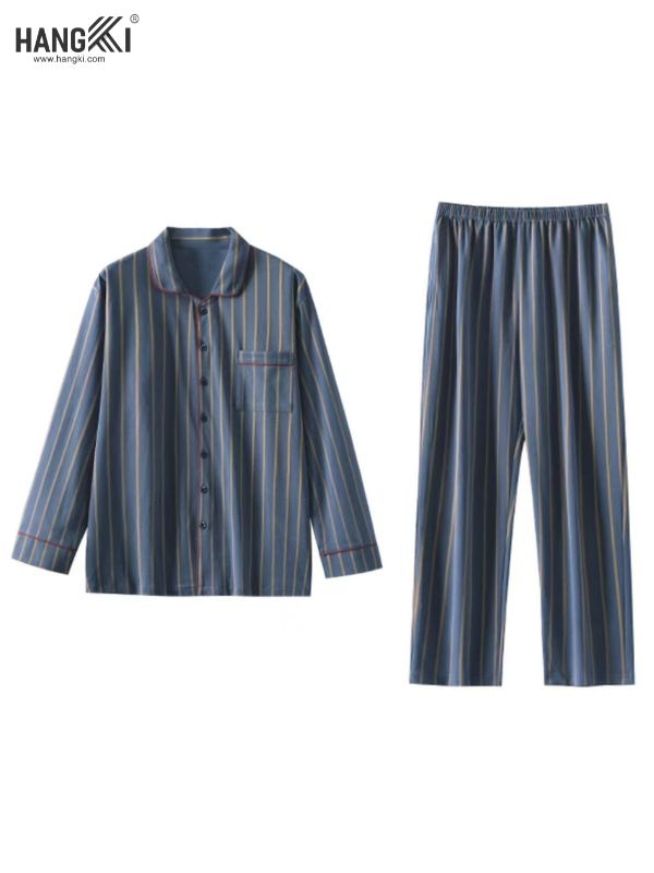 Bộ pijama lụa HANGKI dài tay kẻ sọc xanh cho nam gồm áo cài cúc và quần dài