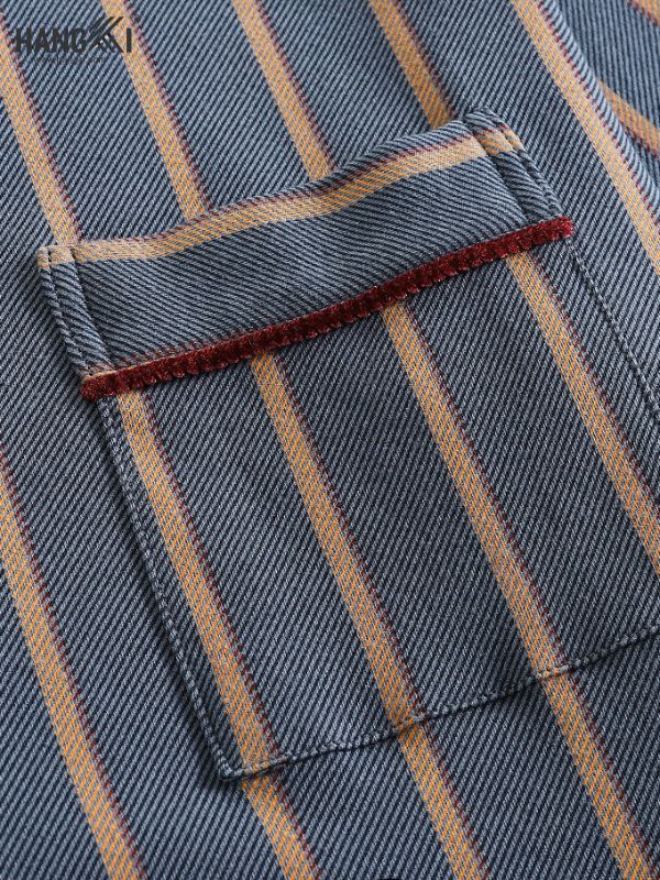 Túi áo sơ mi vải denim sọc xanh vàng viền đỏ nổi bật