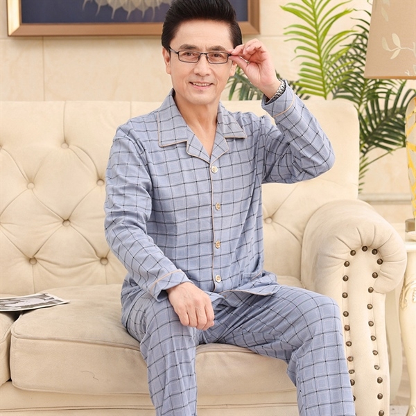 Bộ đồ ngủ nam trung niên màu xanh kẻ caro dài tay quần dài chất vải mềm mại