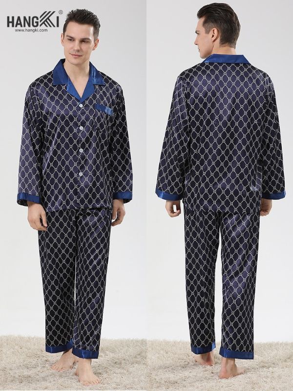 Bộ pijama lụa nam màu xanh navy họa tiết caro nhỏ tay dài quần dài HANGKI