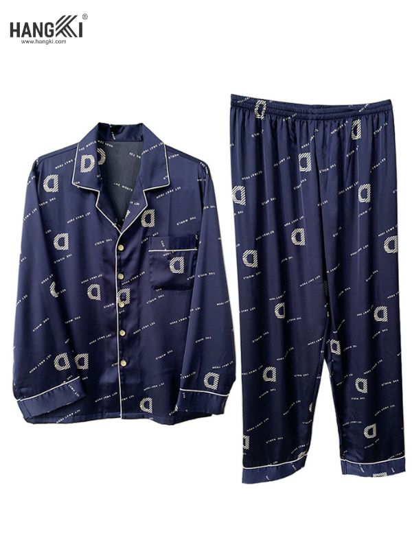 Bộ pijama lụa dài tay màu xanh navy họa tiết chữ cái cho nam HANGKI