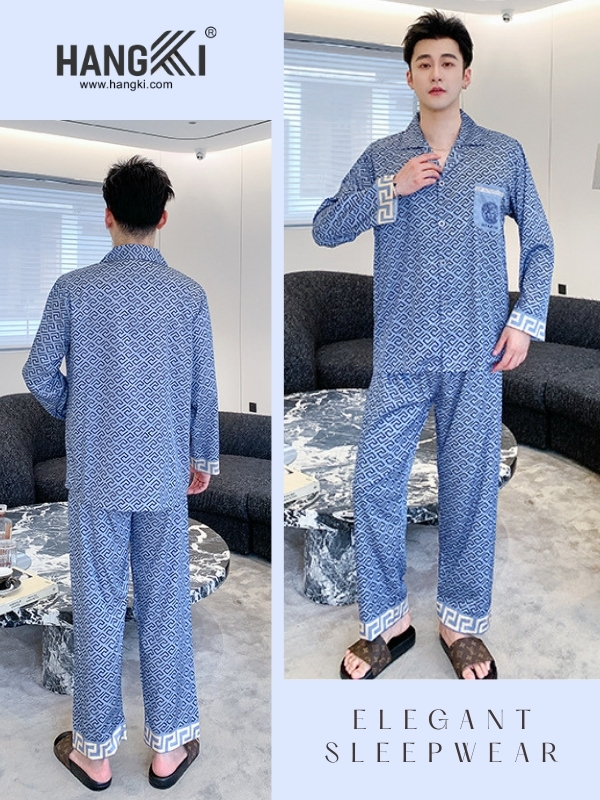 Đồ ngủ nam HANGKI màu xanh họa tiết hình học dài tay quần dài chất liệu mềm mại