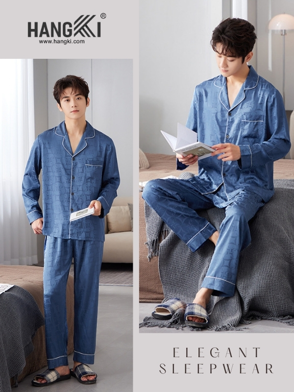 Đồ ngủ lụa nam màu xanh thương hiệu Hangki, thiết kế dài tay quần dài, phong cách thanh lịch