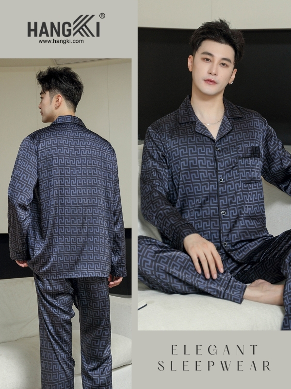 Bộ pijama lụa nam HANGKI màu xám họa tiết hình học dài tay quần dài cao cấp