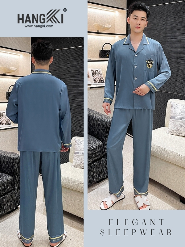 Bộ đồ ngủ lụa nam màu xanh dài tay quần dài thương hiệu Hangki thiết kế sang trọng