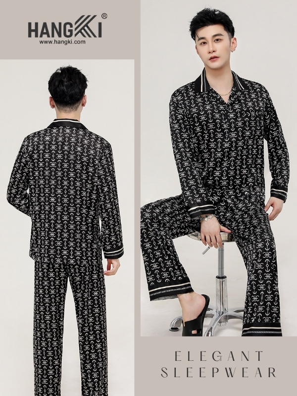 Bộ pijama nam lụa đen họa tiết trắng thương hiệu Hangki, dáng dài tay quần dài lịch sự