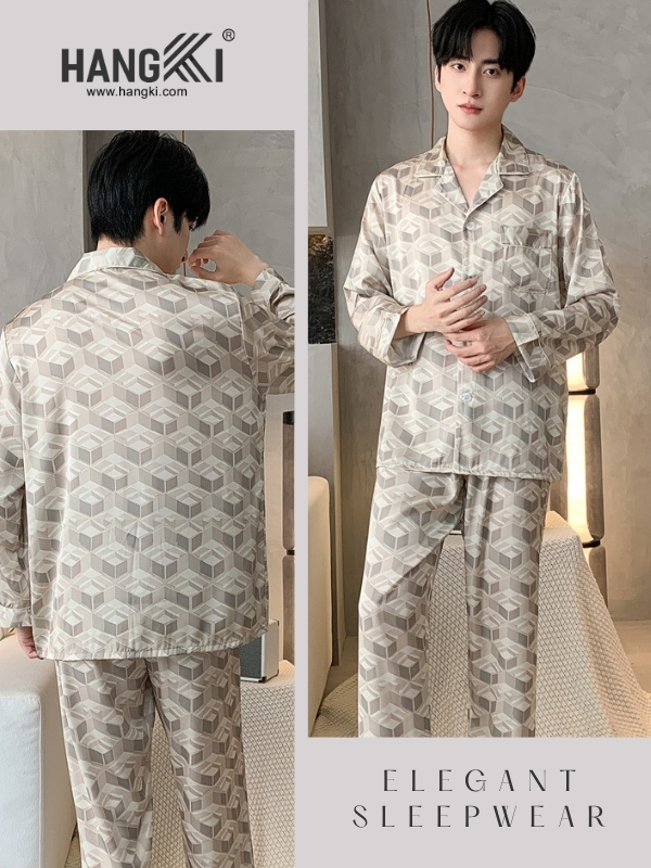 Bộ pijama lụa nam HANGKI màu be họa tiết hình khối, dáng dài tay quần dài lịch sự