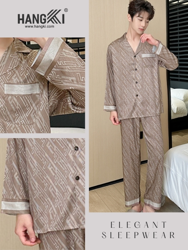 Bộ pijama lụa nam HANGKI màu nâu họa tiết hình học dài tay quần dài cao cấp