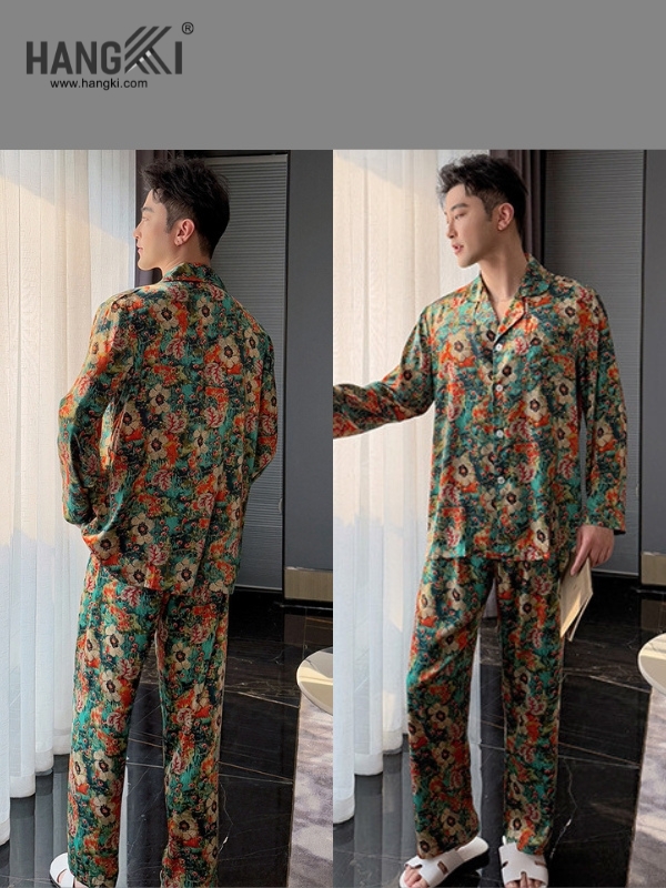 Bộ pijama lụa nam HANGKI họa tiết hoa lá nhiều màu, dáng dài tay quần dài, chất liệu bóng mịn