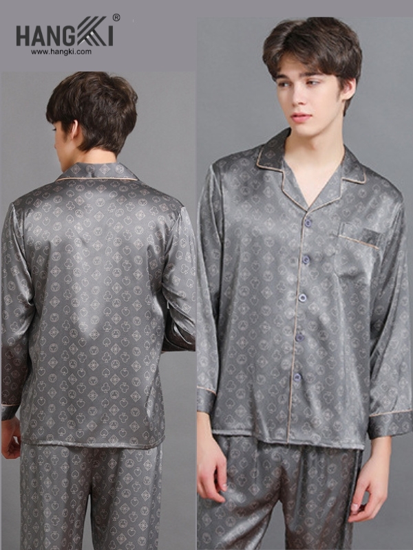Bộ pijama lụa nam HANGKI màu xám dài tay quần dài họa tiết nhỏ sang trọng