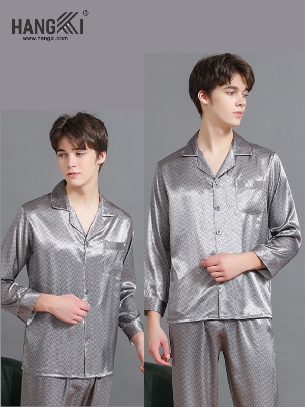 Bộ pijama lụa nam màu xám dài tay quần dài thương hiệu Hangki