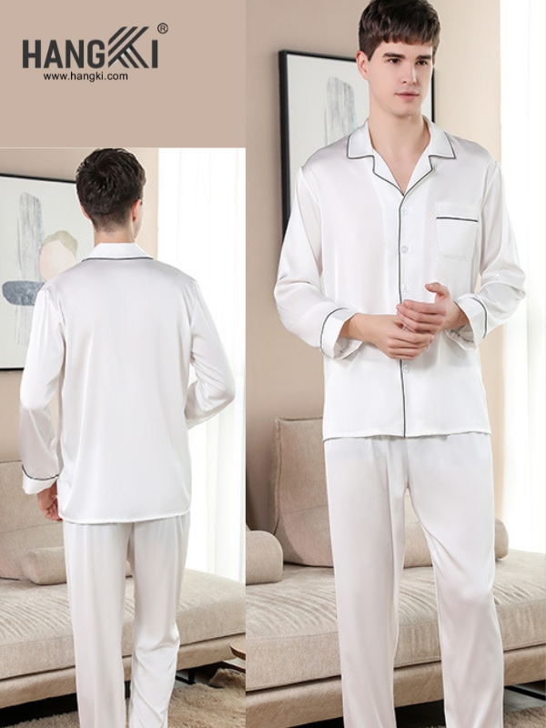 Bộ pijama lụa trắng nam tay dài quần dài thương hiệu HANGKI nhìn từ trước và sau