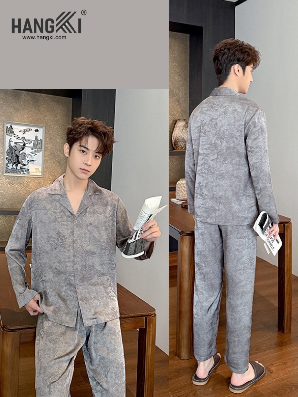 Bộ pijama nam HANGKI màu xám dài tay quần dài chất vải mềm mại mặc ở nhà