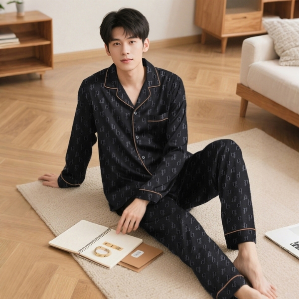 Bộ pijama nam dài tay màu đen họa tiết nhỏ, chất vải mềm mặc ở nhà trên sàn phòng khách