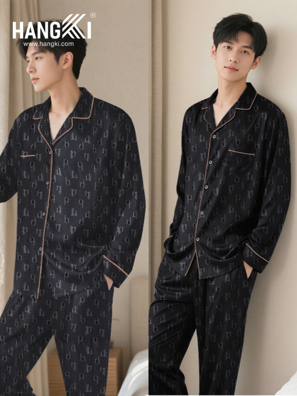 Bộ pijama nam lụa đen HANGKI tay dài quần dài họa tiết chữ, viền bo màu nâu sang trọng