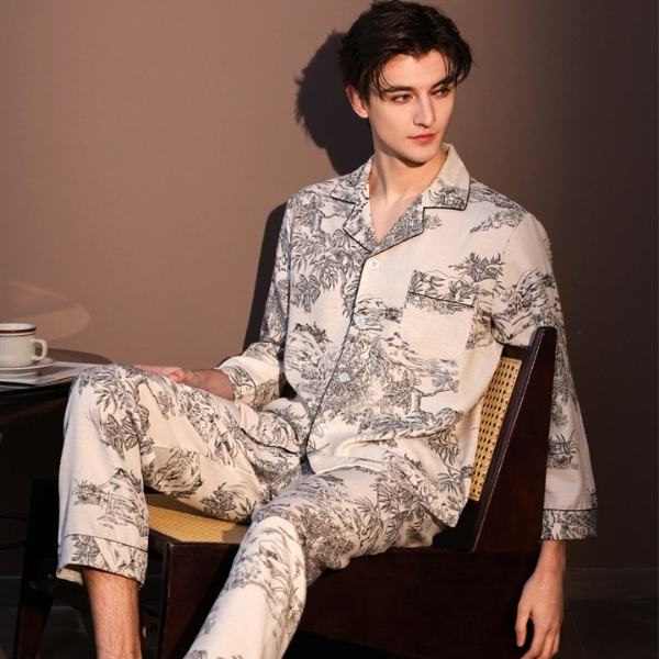 Bộ pijama nam dài tay họa tiết cây cối màu be xám chất liệu vải mềm mại