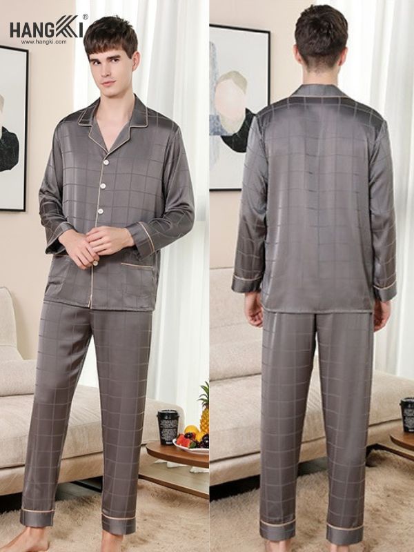 Bộ pijama lụa nam màu xám kẻ caro dài tay quần dài thương hiệu Hangki