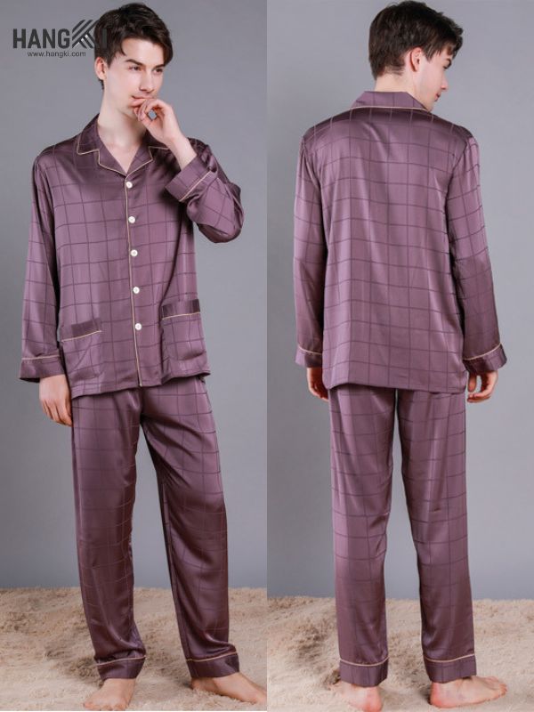 Bộ pijama lụa nam màu tím tay dài quần dài kẻ ô vuông thương hiệu Hangki