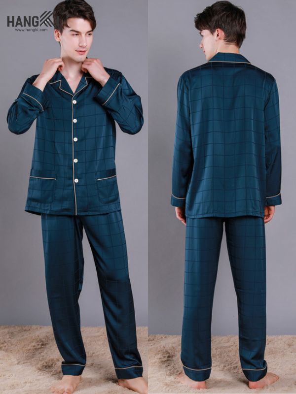 Bộ pijama lụa nam màu xanh đậm kẻ caro dài tay quần dài, cúc trắng viền chỉ nổi bật