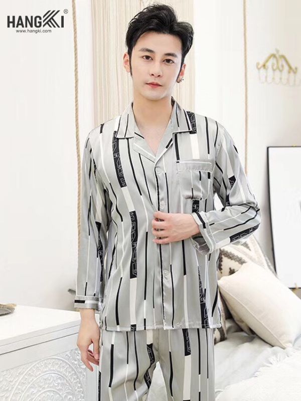 Bộ pijama lụa nam HANGKI màu xám sọc dài tay quần dài mặc trong phòng ngủ
