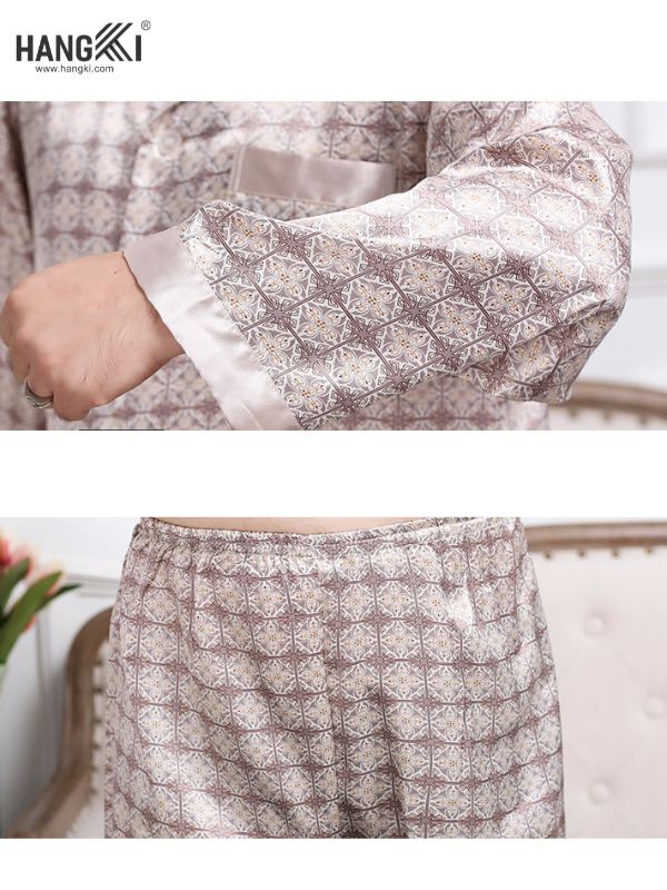 Bộ pijama lụa họa tiết hình học màu nâu be thương hiệu HANGKI cho nam