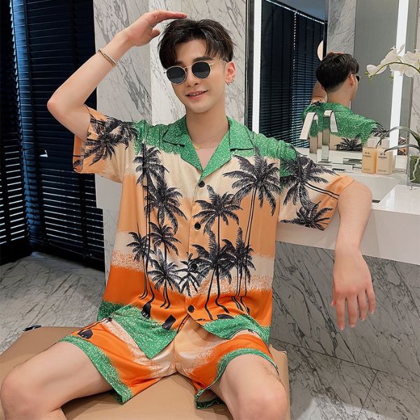 Set đồ pijama nam họa tiết cây dừa màu cam xanh chất lụa mặc ở nhà trẻ trung