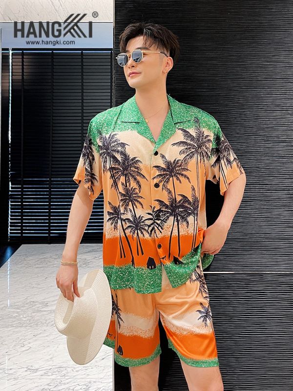 Set đồ nam họa tiết cây dừa màu cam xanh phong cách đi biển thương hiệu Hangki