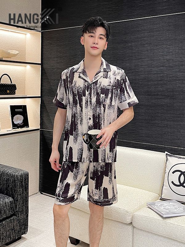 Bộ đồ ngủ nam tay ngắn quần đùi họa tiết loang màu đen trắng chất liệu mỏng nhẹ