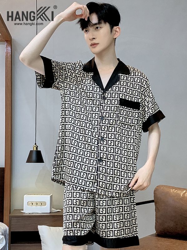 Bộ đồ ngủ nam tay ngắn họa tiết caro đen trắng viền đen thương hiệu Hangki