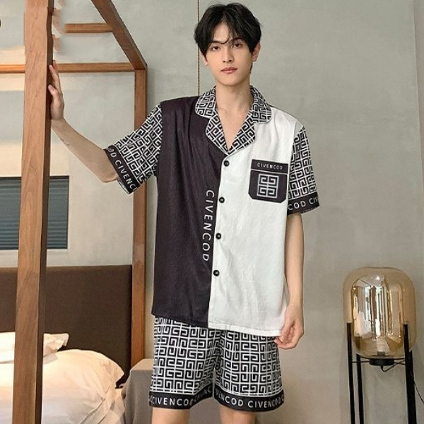 Bộ đồ ngủ nam CIVENCOOD họa tiết caro trắng đen tay ngắn quần short chất liệu mỏng nhẹ