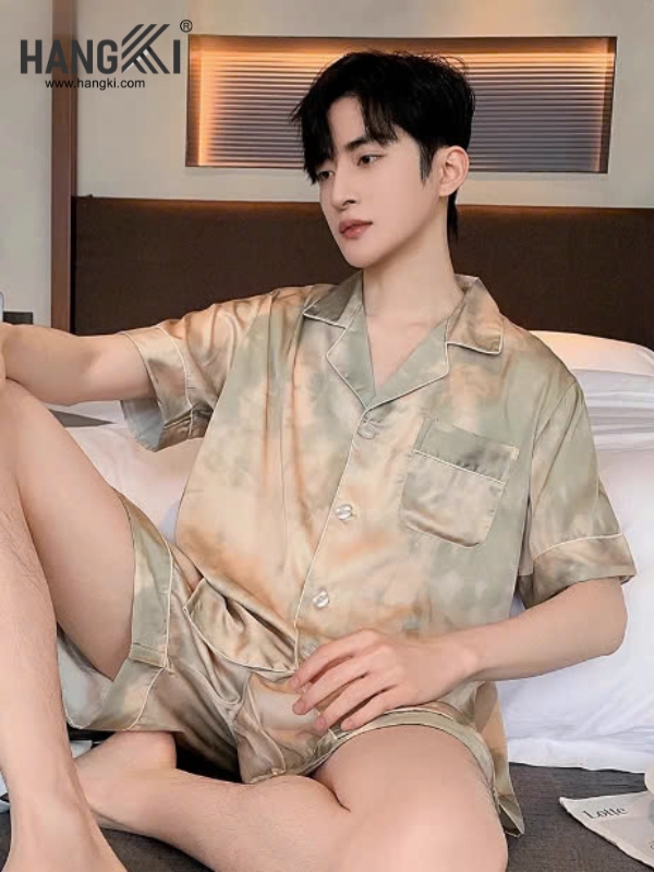 Bộ đồ ngủ lụa nam tay ngắn màu loang HANGKI cho mùa hè, chất vải mềm mịn thoáng mát